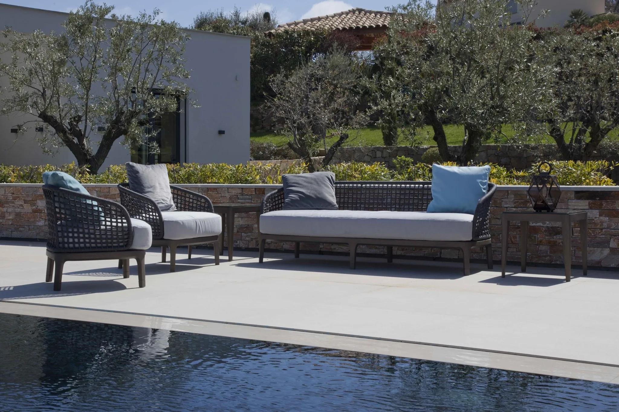 Meroni & Colzani Lungotevere outdoor armchair with iroko legs, Italian outdoor furniture
