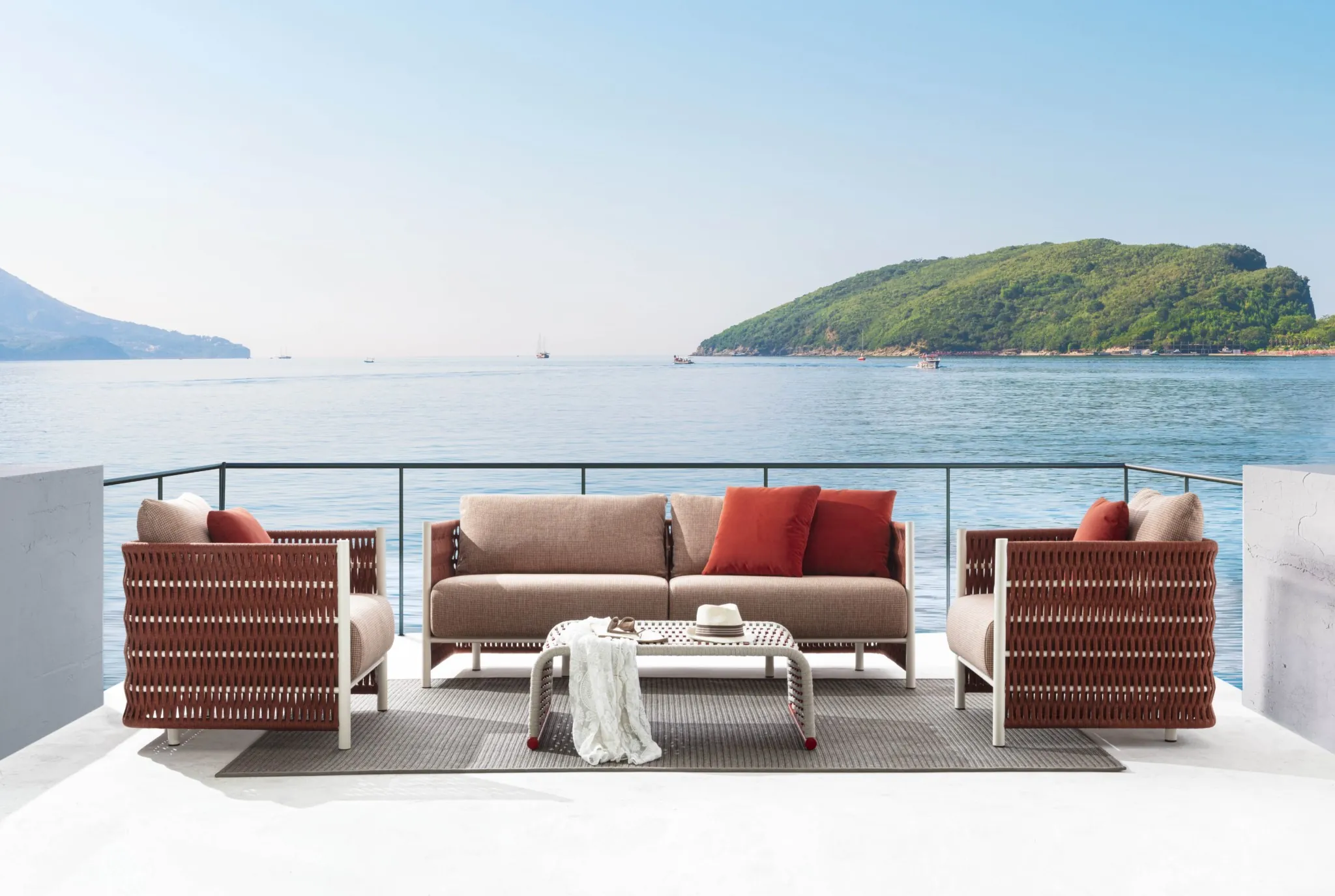 Meroni & Colzani Marettimo rope sofa, Italian outdoor furniture on a terrace